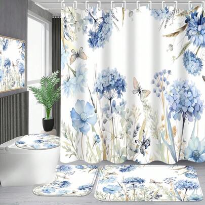 1pc/3pcs/4pcs Sweet Plant Flower Butterfly Shower Curtain Set, Toilet Seat Bath Mat Floor Mat Set, Fresh Plant Flower Printed Shower Curtain, Perfect For Bathroom Decoration, Universal Room Decoration, Home Decoration Set, Bathroom Accessories Bath Curtain Toilet Side Floor Mat Shower Curtain