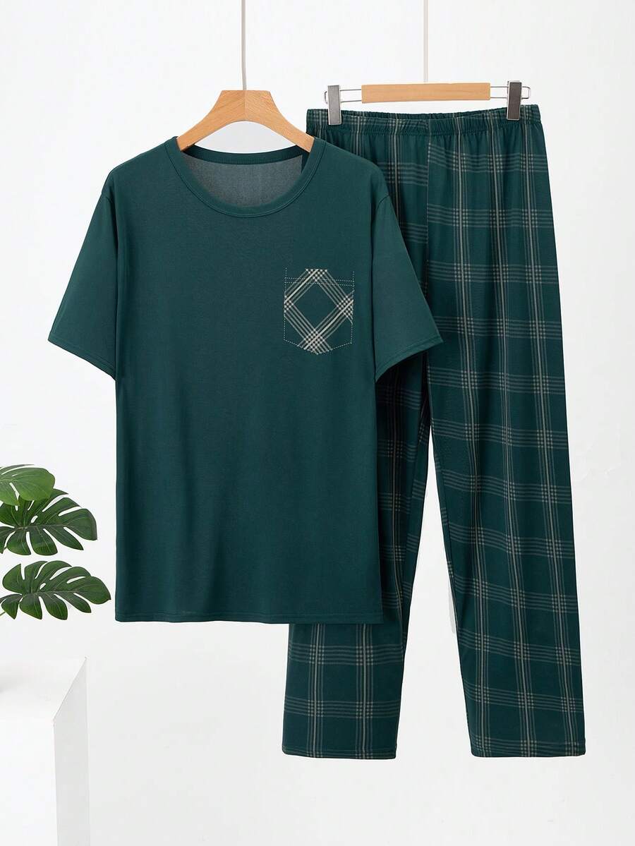 2pcs Men's Lightweight Short Sleeve Pajama Set, Men's Summer Plaid Lounge Wear Set - Multicolor - View 1