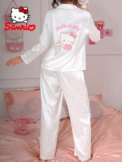  2pcs Sanrio Hello Kitty Women's White Leopard Print Bow Decor Long Sleeve Pajama Set, Cute Sleepwear Set, Loungewear Set