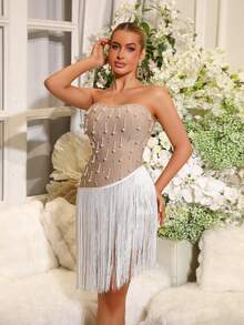New Sexy Strapless Sleeveless Handmade Beaded Tassel Backless Bandage Bodycon Mini Dress, Fashion Party Birthday Formal Gala Evening Gown - Apricot - View 2