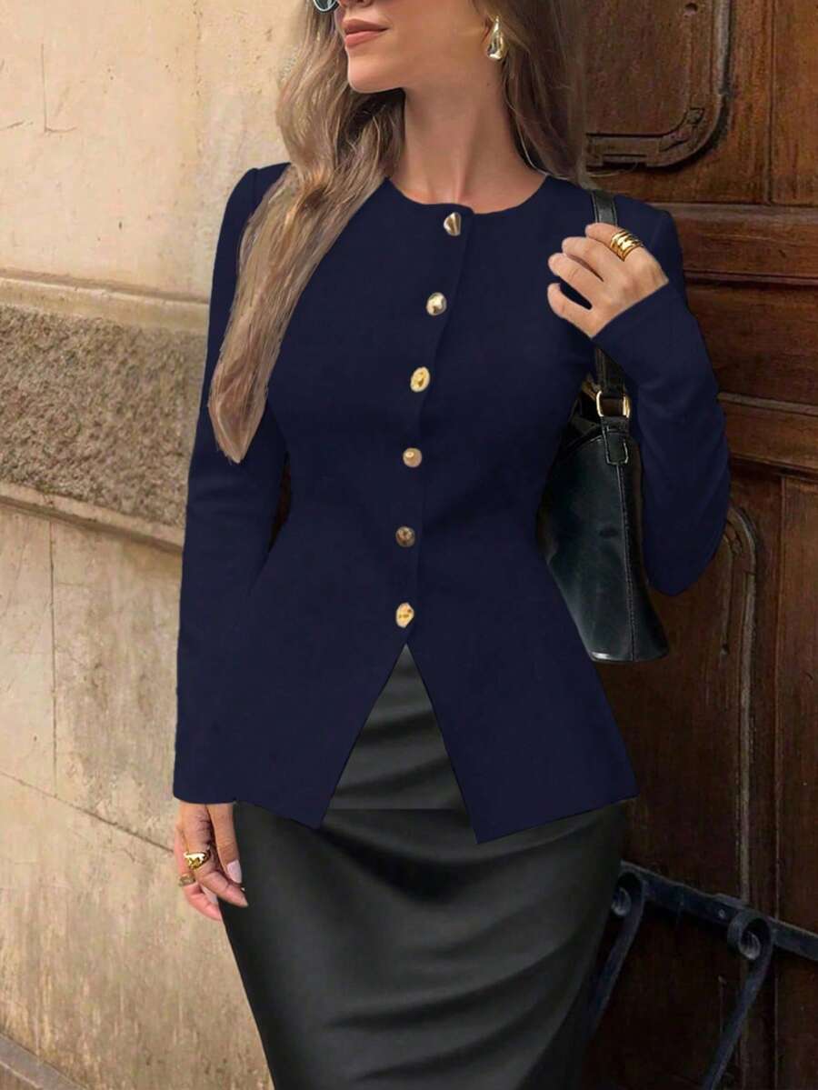 FOR BEAUTY Women's New Knit Cardigan, Suitable For Spring, Autumn And Winter, Casual Elegant Minimalist Style, Round Neck Long Sleeve With Metal Buttons, Fashionable Commuter Solid Color Sweater