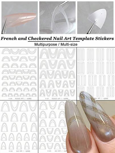 2pcs French Manicure Nail Stickers - Plaid And Lace French Patterns, Quick And Easy Nail Art, With Guideline, Suitable For Beginners, Self-Adhesive DIY Nail Template, Nail Salon Accessories And Supplies