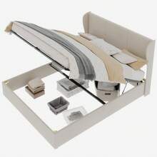 Modern And Minimalist Upholstered Bed, 160x200 Cm, Beige, Multifunctional Bedroom Furniture With Soft And Comfortable Headboard, High Storage Base With Gas Lift Mechanism, Mattress Not Included. - Beige + Fabric + Metal + Memory Foam - View 11