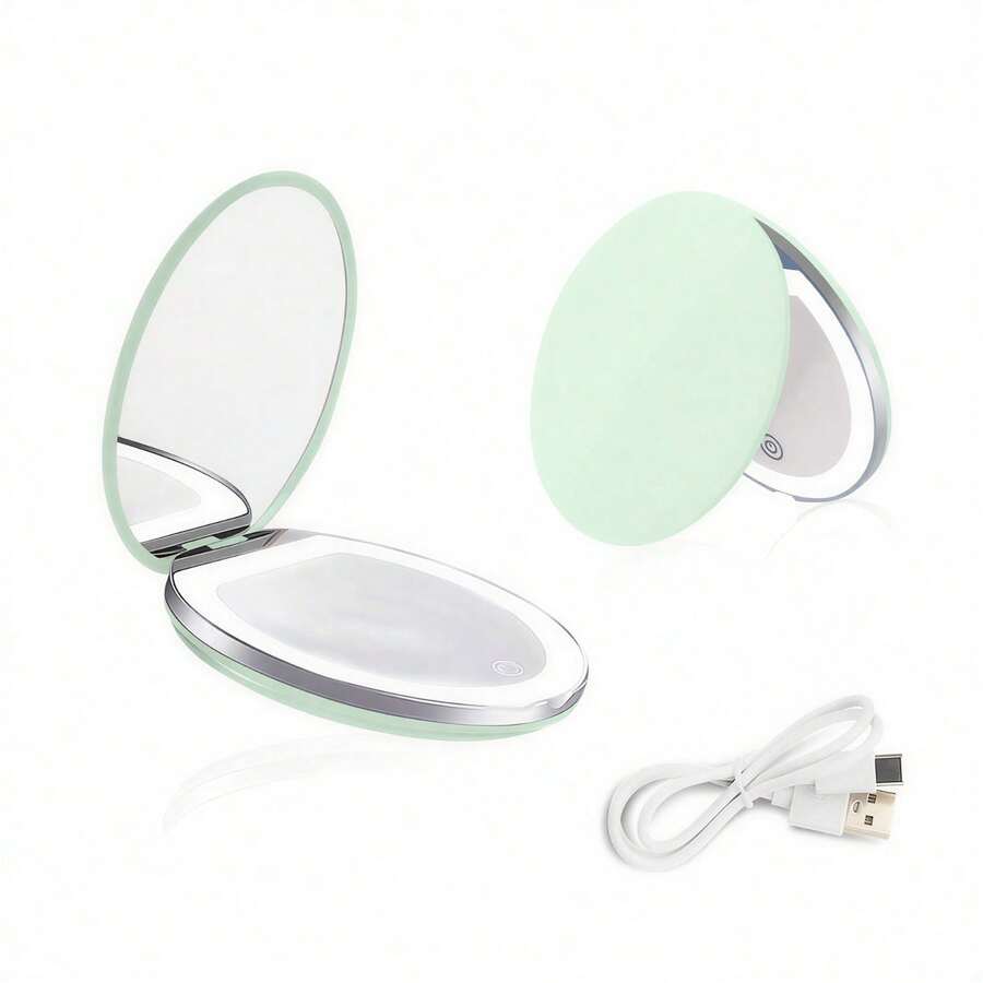 Rechargeable LED Makeup Mirror With 1x/5x Magnification, Dimmable Portable Handheld Compact Mirror (5 Inch) - Perfect Daily Essential & Gift For Women, Birthday, Holiday - 綠色 - 查看 1