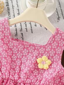 2pcs/Set Girls Casual Floral 3D Applique Soft Comfortable Woven Fabric Camisole Top And Shorts Set, Suitable For Outdoor Wear, Spring/Summer