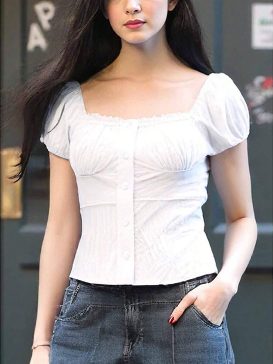 Women Square Neck Button Front Ruched Bust Slim Fit Cap Sleeve T-Shirt Summer Casual Y2K Top - White - View 1