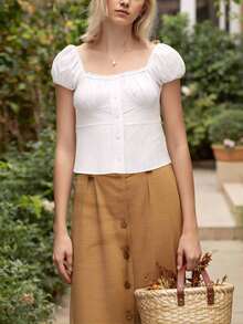 Women Square Neck Button Front Ruched Bust Slim Fit Cap Sleeve T-Shirt Summer Casual Y2K  Top - White - View 5
