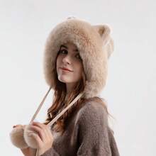 1pc Stylish Faux Fur Fox Ear Neck Warmer Hat, Women Winter Warm Windproof Trapper Hat, Ski Cap - 灰色圍巾- - 查看 9