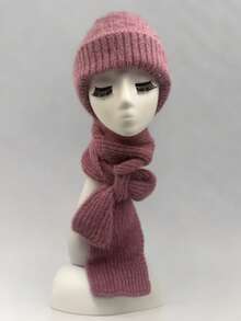 1顶涤纶纹理纯色针织帽，带护颈和护耳，三合一保暖针织帽，冬季送给妈妈的最佳礼物，冬季配饰，冬季服装，情人节礼物 - 彩色 - 查看 14