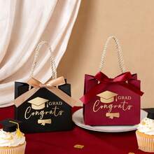 2/10/30个装毕业帽印花礼品袋，带编织绳提手，5.6 x 2.4 x 4.7 英寸迷你烫金印花礼品袋，带蝴蝶结丝带，毕业派对回礼袋，派对礼品盒（绿色、酒红色、黑色） - 彩色 - 查看 6