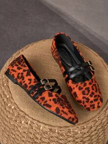 WHDXY Women's Leopard Print Square Toe Mary Jane Flat Shoes, Double Strap Double Buckle Loafers, Vintage Versatile Comfortable For Commuting And Casual Wear - Orange - View 6