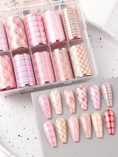 FULL BEAUTY 10pcs Pink Nail Foil Stickers, Plaid Geometric Striped Pattern, Nail Art Decorations