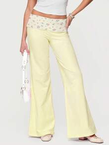 Women's Casual Lightweight Flare Pants Fashion Floral Print Fold Over Waist Wide Leg Trousers for Daily Streetwear - Amarillo - Ver 6