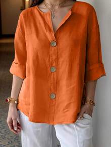 Áo sơ mi nữ cỡ lớn màu trơn cài cúc phía trước, thích hợp cho mùa xuân. - trái cam - Xem 4