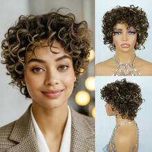 P4/27 高光精灵短发真人发假发，带刘海，卷曲波浪发型，6英寸/15.24厘米层次水波纹发型，180%密度巴西原生发，无胶假发，完美适合日常佩戴、派对、圣诞节和节日庆典。