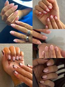 120片（5种款式混合）短款椭圆形白色/黑色/红色法式尖头亚克力按压式美甲贴片，完美贴合短款假指甲套装，法式美甲，适合女性和女孩日常佩戴及舞会派对 - 彩色 - 查看 11