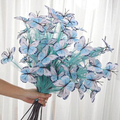 1Pc Artificial Butterfly & Feather Decor Stems - Bendable Branch Design In Light Blue/Pink/Purple-Blue Gradient For Home Floral Decoration