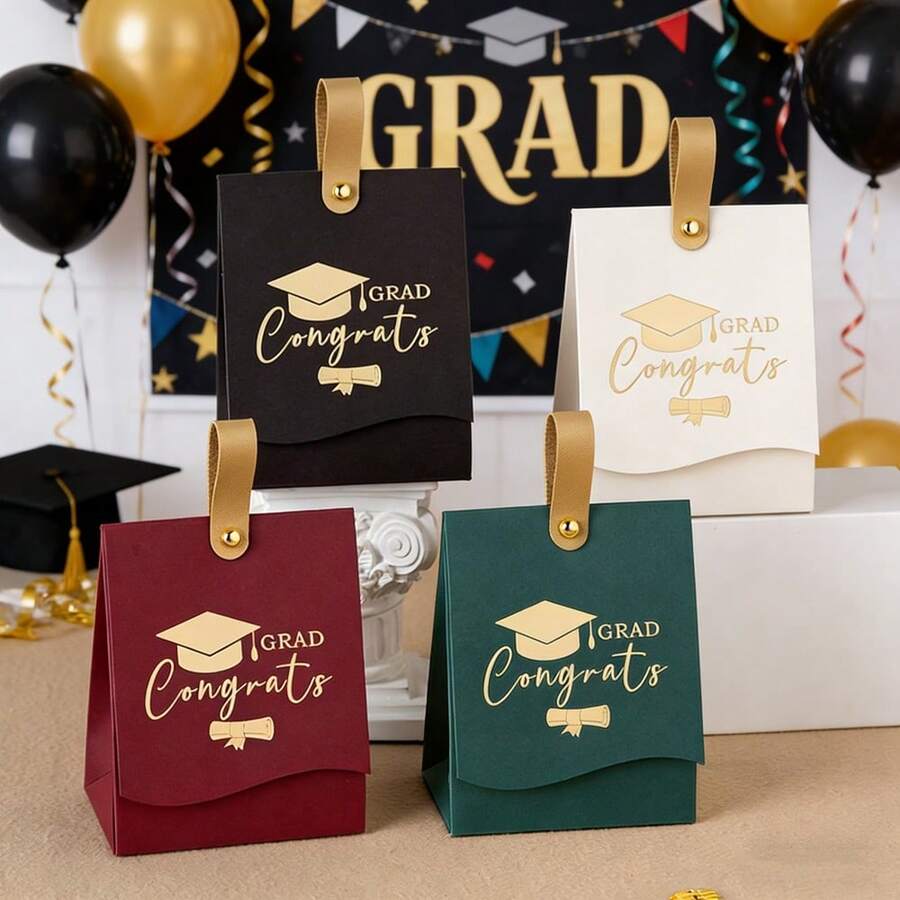 2/10/30 piezas Caja de regalo con gorra de graduación de lámina, bolsas de fiesta de graduación con asa de cuero, caja de dulces decorativa de temporada de graduación, medalla de graduación 2025, negro - Negro - Ver 1