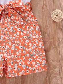 Conjunto informal de top de tirantes con estampado numérico y shorts con lazo para niña - Naranja - Ver 5