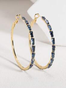 1 Đôi bông tai vòng bằng đồng thanh lịch, thời trang, đính đá Cubic Zirconia, màu đỏ, xanh lá cây, vàng, đen, thích hợp đeo hàng ngày, quà tặng cao cấp sang trọng cho các bữa tiệc. - Màu xanh hải quân - Xem 2