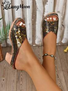 LangMoon 2026 Black & Gold Embossed Thick Heel Slides, Luxurious Embossed Floral Pattern Vamp + Stabilizing Thick Heel, High-Appearing Yet Comfortable, Anti-Slip & Durable Outsole, Elegant & Eye-Catching For Dates, Commute, Parties, Spring/Summer - Black-flower - View 6