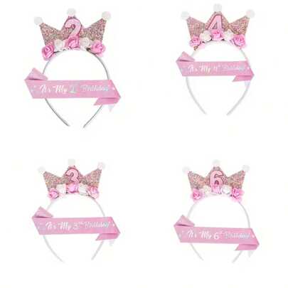 一套闪亮皇冠头箍和绶带，适合2/3/4岁儿童生日庆祝，包括1个印有“It's My Birthday”字样的花朵头箍、1个5英寸头箍、1条3.9 x 51英寸绶带，公主风派对用品，生日派对装饰。
