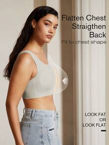 女士胸部压缩上衣，无缝塑形文胸吊带衫，可调节以减少胸部轮廓，塑身衣 - 灰色 - 查看 3