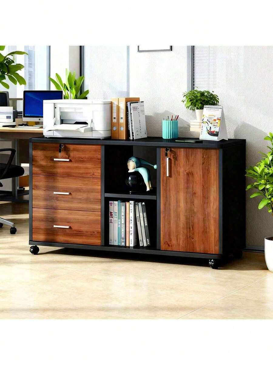 Armario Archivador De Oficina Conruedas Y 1 Puerta 3 Cajones - Marrón - Ver 1