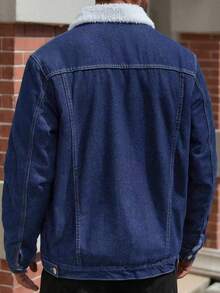 秋冬季常规加厚男士长袖牛仔夹克，带保暖内衬，休闲街头风牛仔上衣 - 藍色 - 查看 3