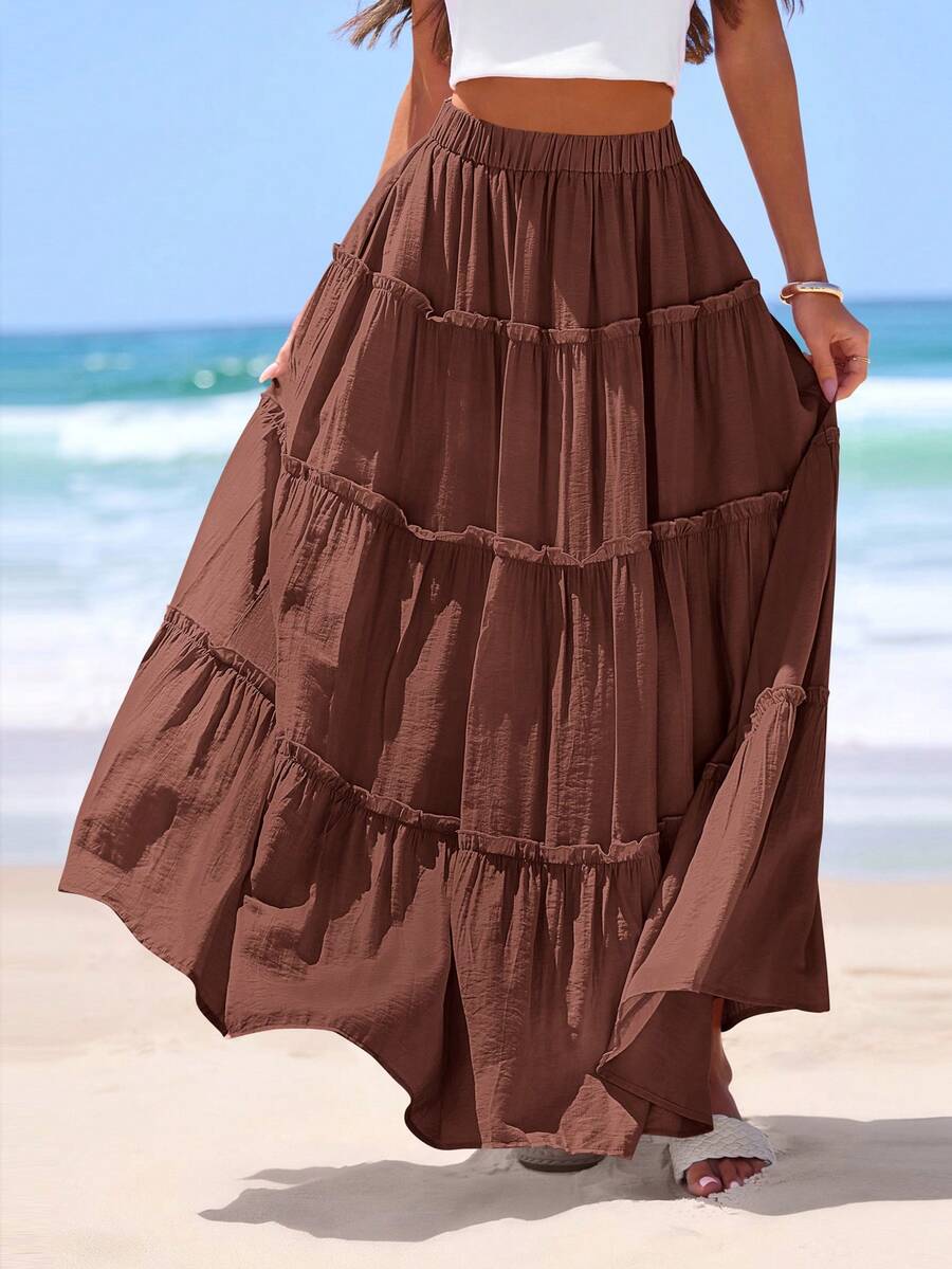 Women's Tiered Maxi Skirt Summer Spring Fashion  High Waisted Long Flowy Casual Boho Beach Vacation Clothes - 棕色 - 查看 1