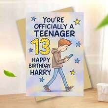 Personalized 13th Birthday Card For Harry - Funny 'Officially A Teenager' Greeting Card With Boy On Phone Design, Stars & Rustic Decor, Perfect Teen Gift For Son, Friend, Or Grandson - Multicolor - View 6