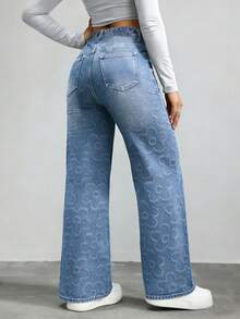 NVFelix Jeans longs en denim décontractés et polyvalents pour femmes, avec un design floral jacquard unique, style mode Bermuda Y2K, avec poches, jambe droite ample taille haute non stretch, jeans lavés, convient pour le port quotidien, nouvelle collection automne/hiver - Jean clair - Voir 6