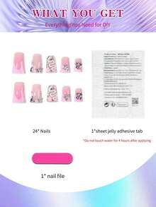 24片Y2K长棺材粉色法式美甲贴纸，3D合金星星、花瓣、水钻、蛇形装饰亚克力假指甲套装，包含：1片果冻胶和1个指甲锉，法式美甲，适合女性和女孩日常DIY、节日、派对等场合。美甲用品 - 彩色 - 查看 3
