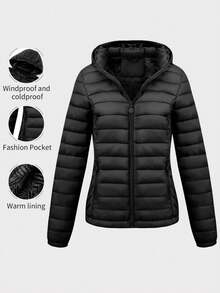 Women's Minimalist Hooded Down Jacket With Pockets, Suitable For Spring, Autumn And Winter - Black - View 1