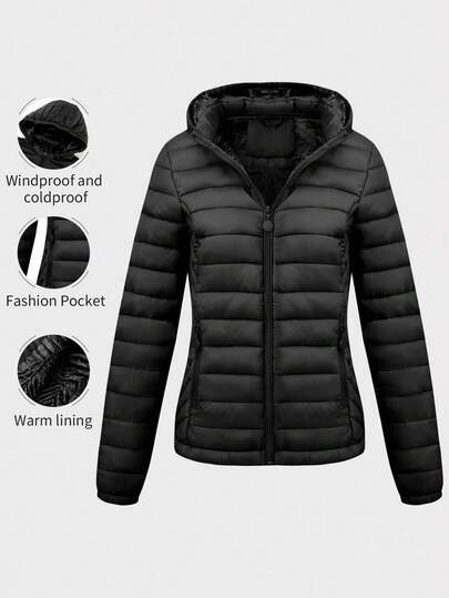 Women's Minimalist Hooded Down Jacket With Pockets, Suitable For Spring, Autumn And Winter