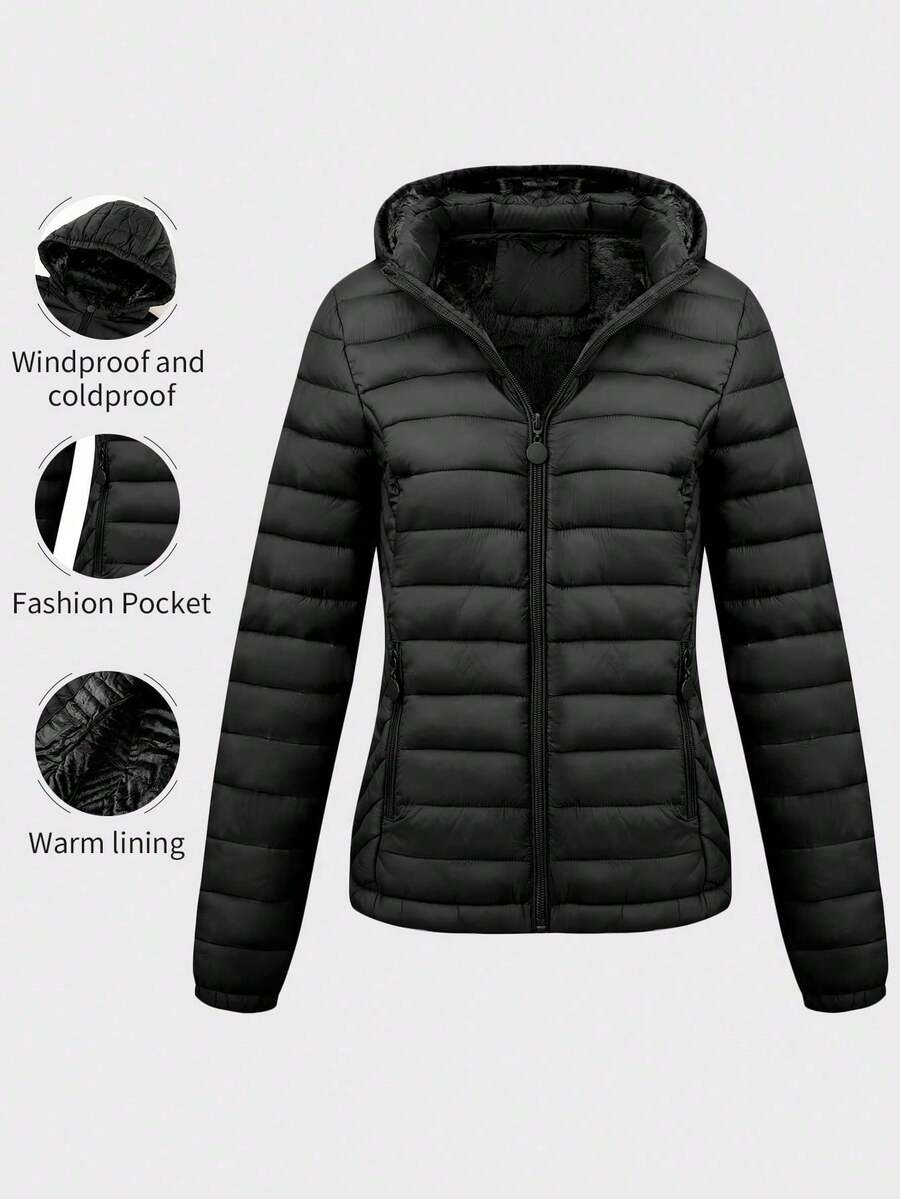Women's Minimalist Hooded Down Jacket With Pockets, Suitable For Spring, Autumn And Winter - Black - View 1