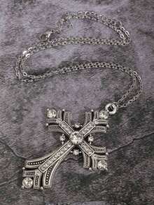 Retro Gothic Cross Stainless Steel Sweater Chain Pendant Necklace, Streetwear Style For Men - Silver - View 3