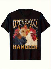 Men's T-Shirt With A Funny Chicken Graphic "Rooster Handler" – Bold Orange Text And Rooster Flame Design, Regular Fit, Short-Sleeved Casual T-Shirt For Parties, Social Gatherings, And Year-Round Use, Humorous Statement Shirt With Vibrant Print. - 如圖所示 - 查看 1