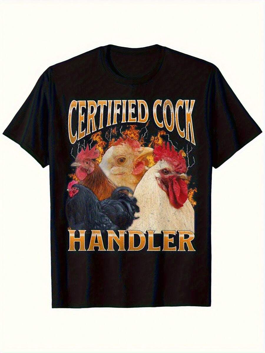 Men's T-Shirt With A Funny Chicken Graphic "Rooster Handler" – Bold Orange Text And Rooster Flame Design, Regular Fit, Short-Sleeved Casual T-Shirt For Parties, Social Gatherings, And Year-Round Use, Humorous Statement Shirt With Vibrant Print. - 如圖所示 - 查看 1