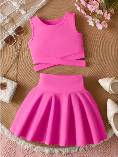 Young Girl Pink Camisole And Pleated Mini Skirt Set, Stylish Camisole Paired With Pleated Skirt, Suitable For Outdoor, Sweet & Cute Casual Outfit
