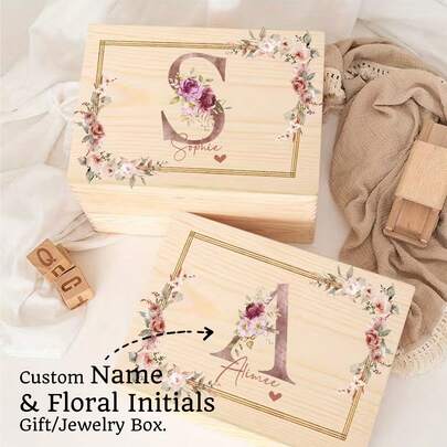 Customized Wooden Storage Box, Can Be Engraved With Name And Floral Pattern, Perfect For Wedding Memento And Decorative Commemorative Gift. Personalized Letter And Name Engraved Natural Beechwood Box ,Forever Love