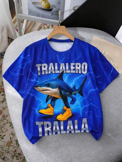 1pc Boys' Casual Tralalero Tralala Graphic Print Short Sleeve T-Shirt, Suitable For Wearing With Sneakers, Spring/Summer
