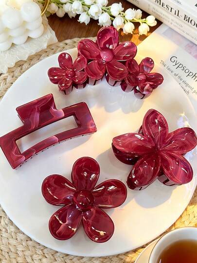 4pcs/Set Women's Bohemian Sweet Burgundy Marble Bow Daisy Flower Square Hair Claw Clips, Elegant Versatile Headpiece Accessories Suitable For Holidays & Daily Wear Women Hair Clip Casual Hair Clutch