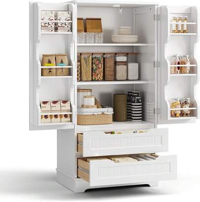 Credenza da cucina con 2 ante doppie e 2 cassetti, con ripiani regolabili, per soggiorno/sala da pranzo, 120x40x60 cm, bianco