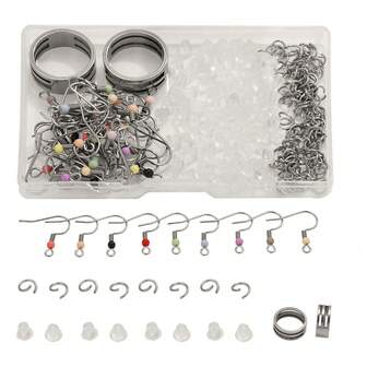 150 piezas Kit de pendientes DIY de acero inoxidable de colores, incluye ganchos para pendientes, anillos abiertos, anillos para pendientes hechos a mano y tapones de silicona para los oídos, adecuado para joyería DIY y manualidades de mujeres