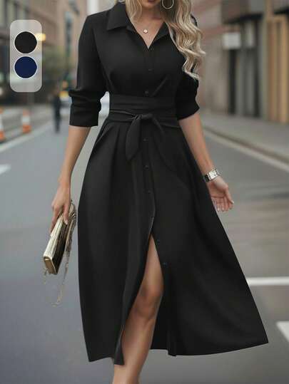 Women's Elegant Solid Color Turndown Collar Front Button Tie Waist Shirt Dress, Graceful Women Dress For Autumn/Winter