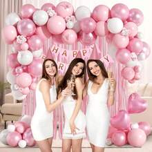kumozawa 59pcs Pink Birthday Decorations Set - Pearl White, Metallic Pink Balloons, Tassels, Curtain, Banner, Suitable For Happy Birthday Decor - Pink - View 3