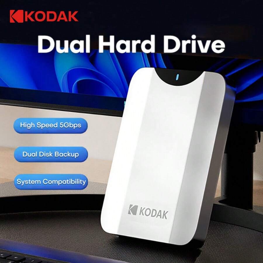 KODAK Dual Hard Drive Backup 1TB HDD Portable Hard Disk 2.5inch USB3.0 5Gbps High Speed ExFAT File System, Compatible With Laptops, Desktops - Silver - View 1