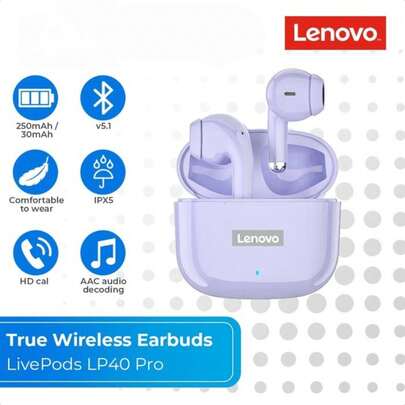  Lenovo LP40 Pro True Wireless Bluetooth Earbuds, In-Ear Design With High Sound Quality, Ultra-Long Battery Life Standby Time, Suitable For Men And Women For Running, Sports And Gaming