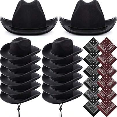 Coume 24 Pcs Adult Cowboy Hat With Paisley Bandana Western Cowgirl Hat With Wind Lanyard Paisley Pattern Bandanas Black Brown